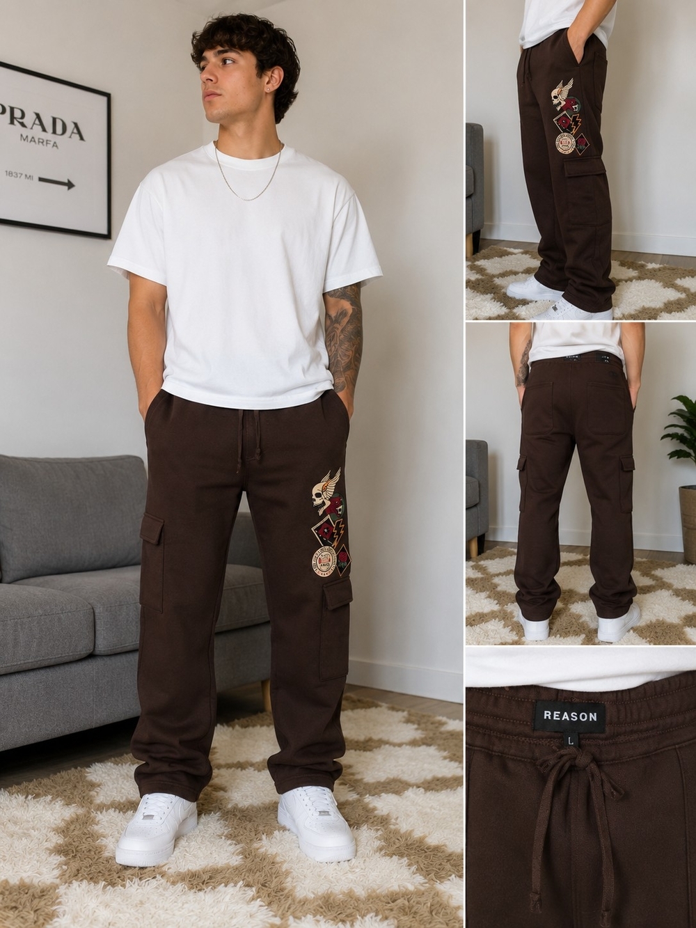 Reason Men's Brown Cargo Sweatpants with Embroidered Patch